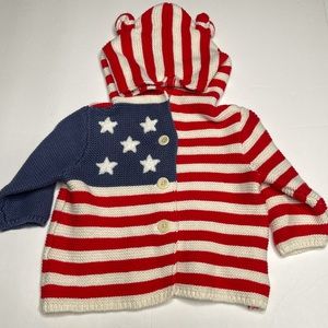Gap Patriotic Flag Hoodie Knit Cardigan Teddy Bear Ears Button Up Size 3-6 M